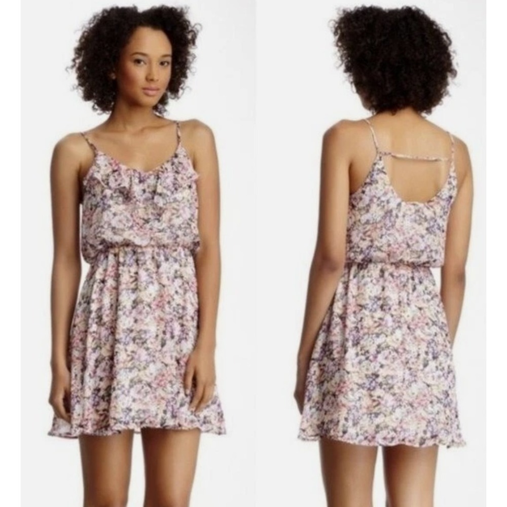 Lush Floral Ruffle Mini Dress Pink Yellow White Elastic Waist Womens‎ Medium